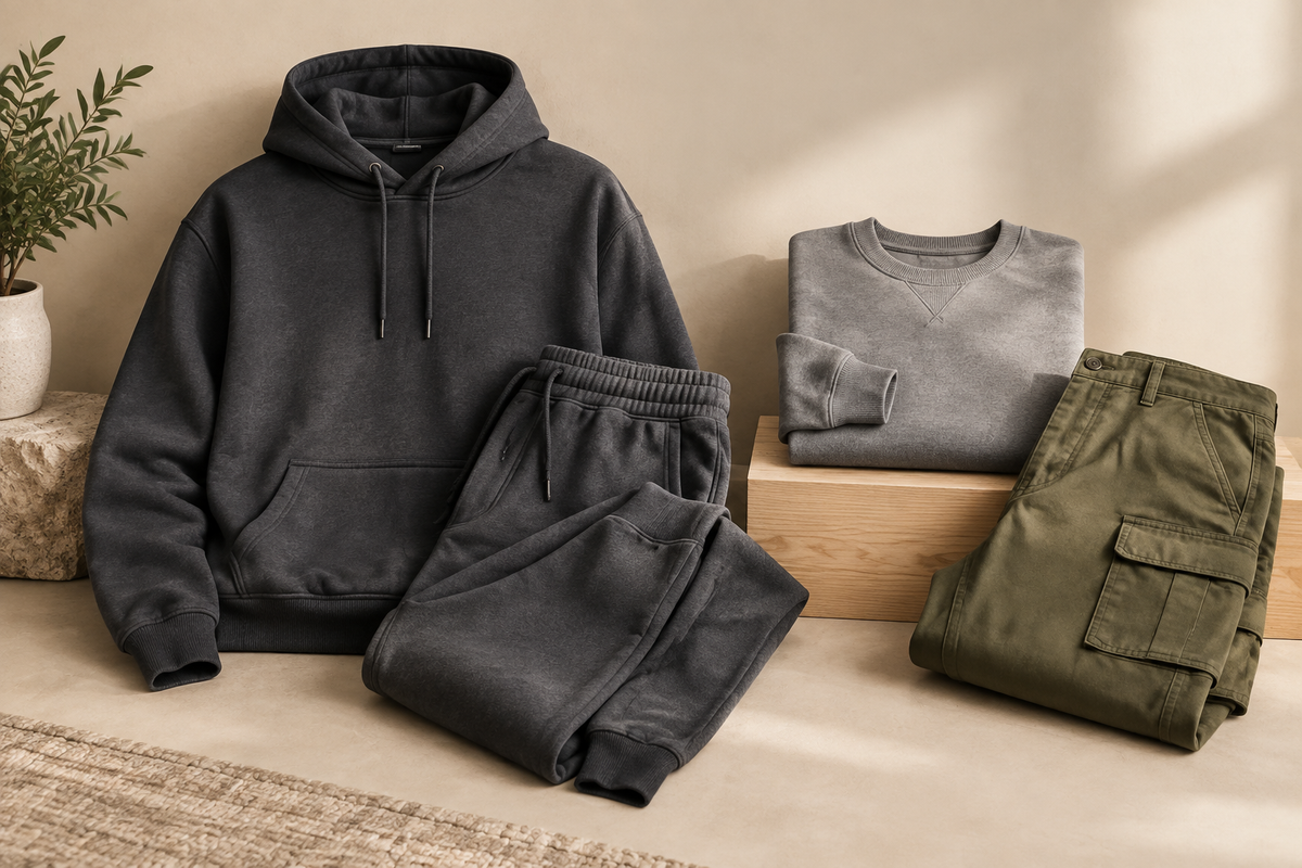 Men's casual hoodie, joggers, sweatshirt, and cargo pants