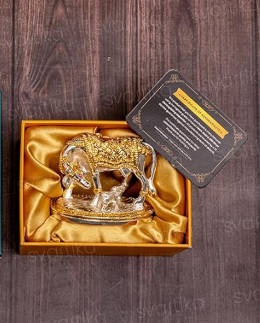 AuraDecor Luxury Kamdhenu Cow & Calf Metallic Statuette – Divine Vastu Showpiece