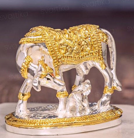 AuraDecor Luxury Kamdhenu Cow & Calf Metallic Statuette – Divine Vastu Showpiece