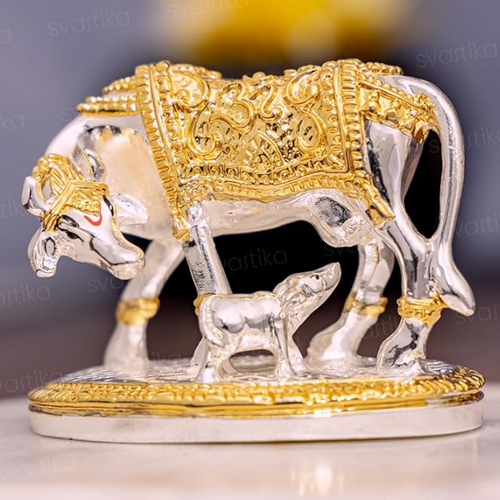 AuraDecor Luxury Kamdhenu Cow & Calf Metallic Statuette – Divine Vastu Showpiece