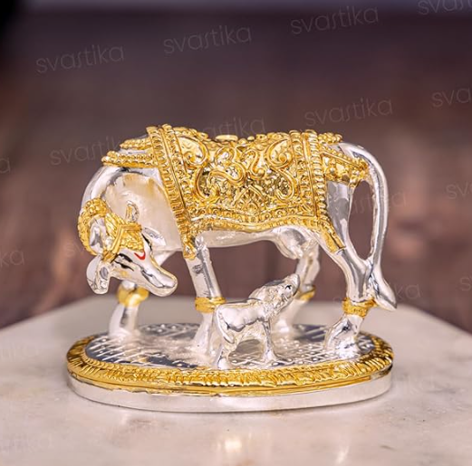 AuraDecor Luxury Kamdhenu Cow & Calf Metallic Statuette – Divine Vastu Showpiece